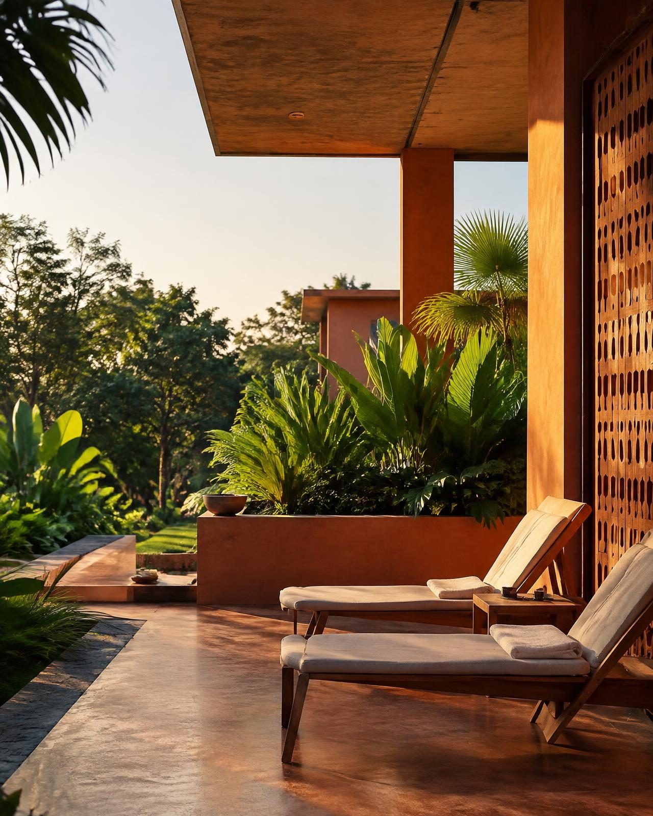 A modernist terrace in warm laterite tones with a carved timber screen and tropical planting