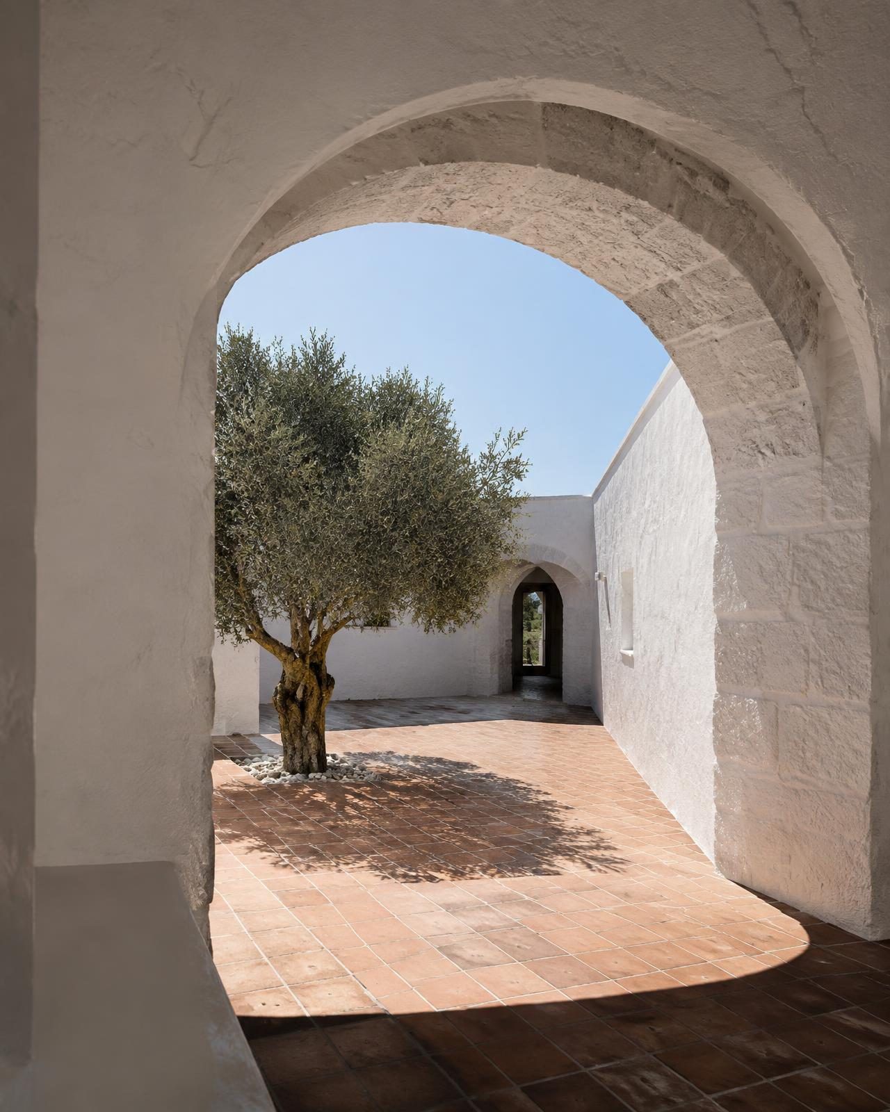 A whitewashed arch framing a terracotta courtyard and a single olive tree
