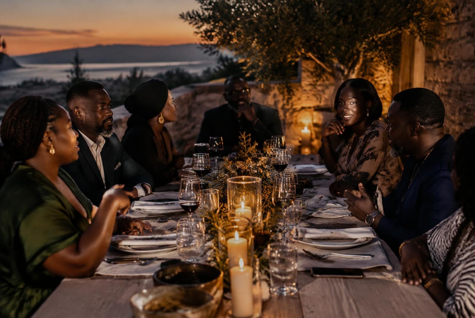 Family and friends in conversation around a candlelit table on a stone terrace at dusk