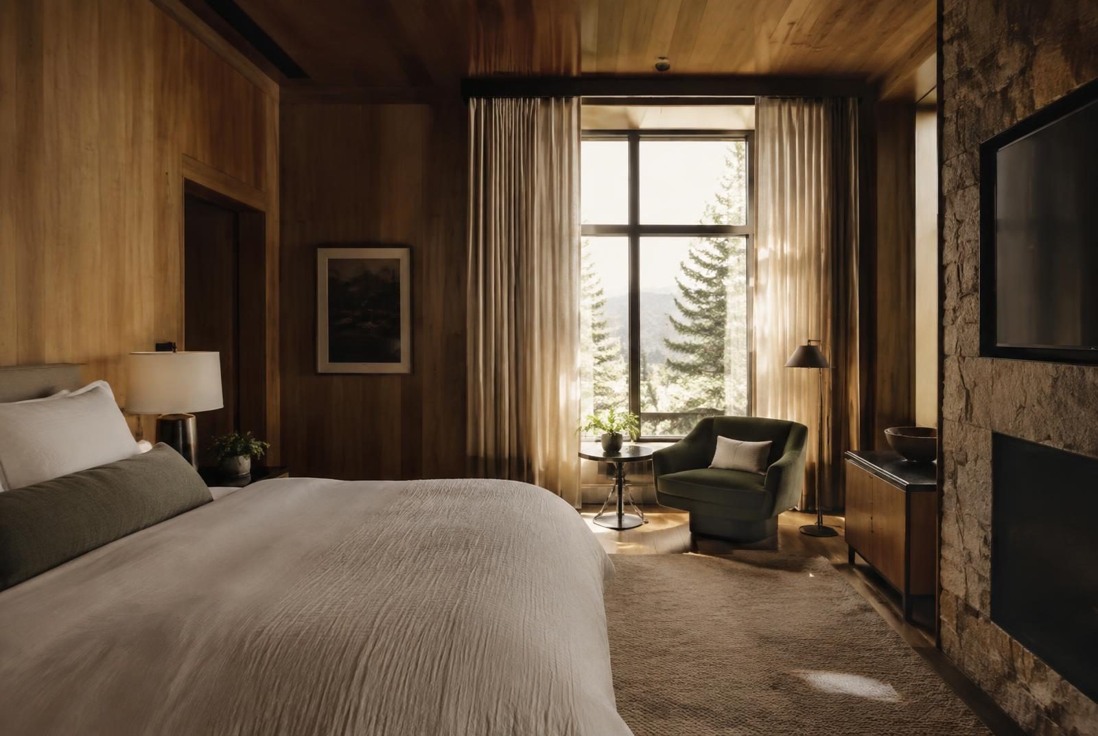 A quiet suite with timber panelling, linen bedding and a green armchair by a tall window